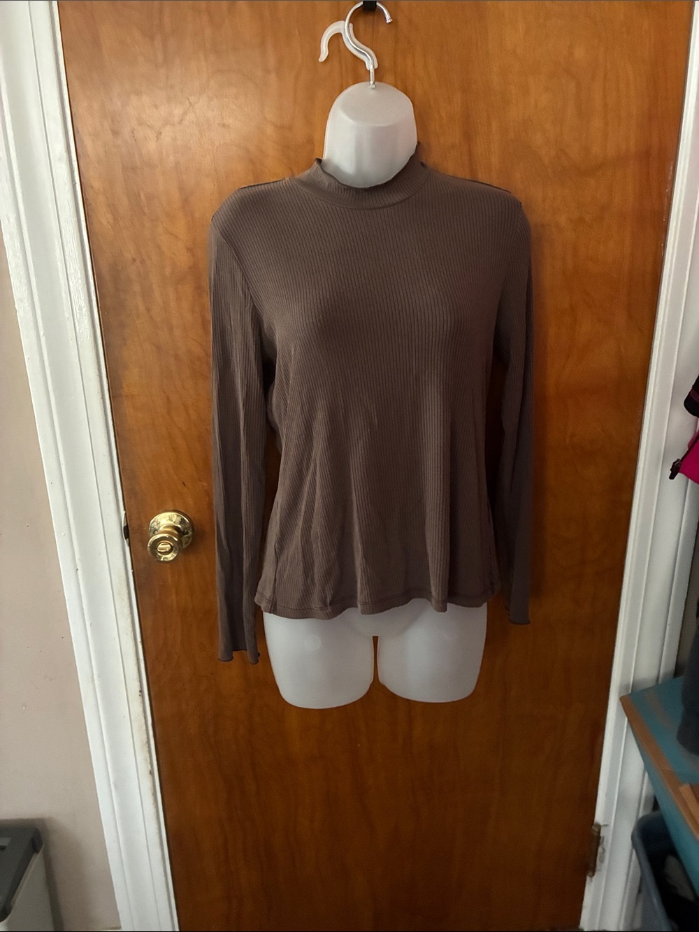Magaschoni Ribbed Long-Sleeve Mock Neck Top in Taupe